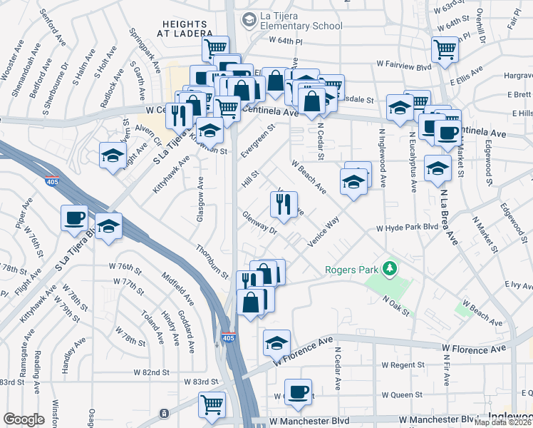 map of restaurants, bars, coffee shops, grocery stores, and more near 875 Glenway Drive in Inglewood