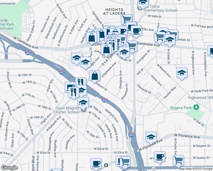 map of restaurants, bars, coffee shops, grocery stores, and more near 7144 Ramsgate Avenue in Los Angeles