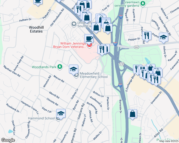 map of restaurants, bars, coffee shops, grocery stores, and more near 403 Wormwood Lane in Columbia