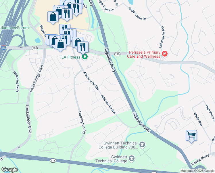 map of restaurants, bars, coffee shops, grocery stores, and more near 1705 Westfield Court Northwest in Lawrenceville
