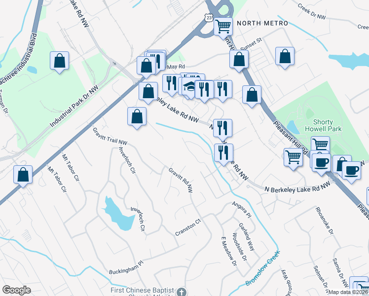 map of restaurants, bars, coffee shops, grocery stores, and more near 4081 Howell Park Road in Duluth
