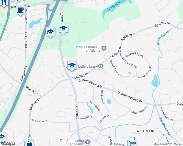 map of restaurants, bars, coffee shops, grocery stores, and more near 1495 Spalding Drive in Atlanta