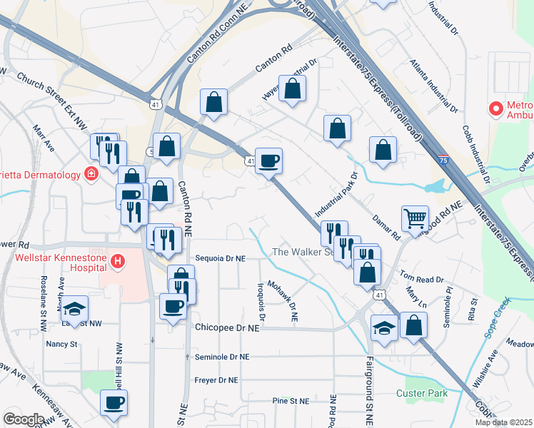 map of restaurants, bars, coffee shops, grocery stores, and more near 895 Cobb Parkway North in Marietta