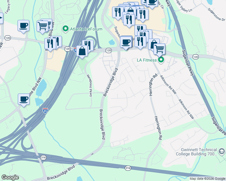 map of restaurants, bars, coffee shops, grocery stores, and more near 48 Ramblewood Trail in Lawrenceville