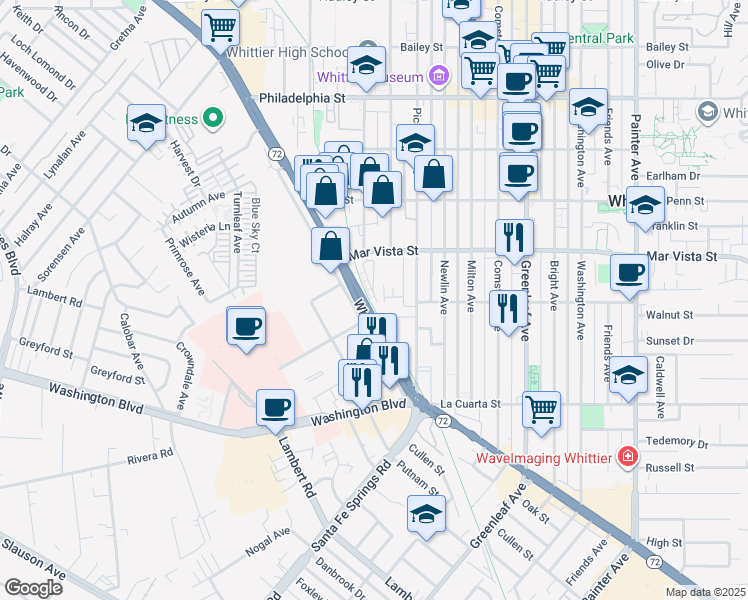 map of restaurants, bars, coffee shops, grocery stores, and more near 12470 Amesbury Circle in Whittier