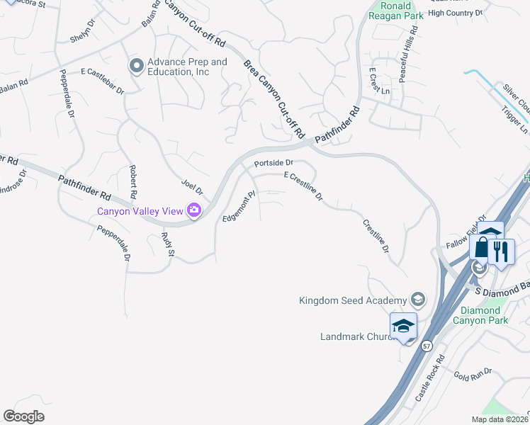 map of restaurants, bars, coffee shops, grocery stores, and more near 2768 South Hillrise Drive in Walnut