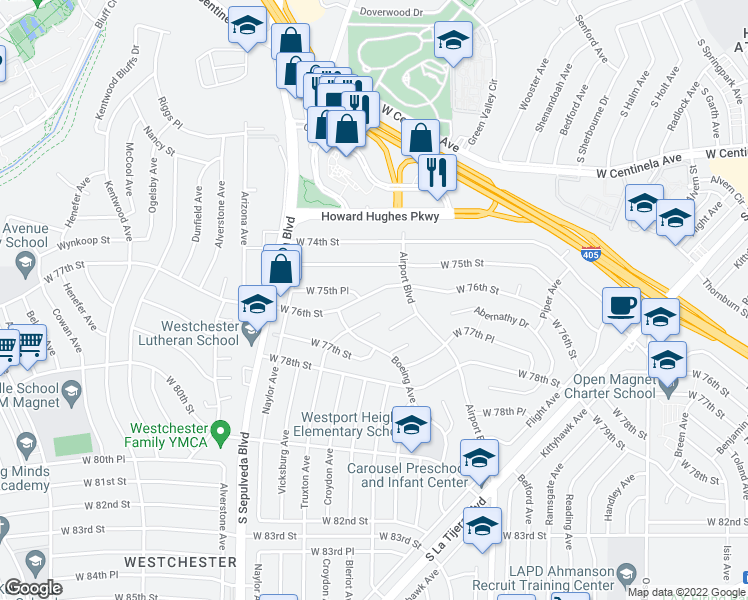 map of restaurants, bars, coffee shops, grocery stores, and more near 6040 West 76th Street in Los Angeles