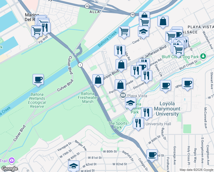 map of restaurants, bars, coffee shops, grocery stores, and more near 5710 Crescent Park East in Los Angeles