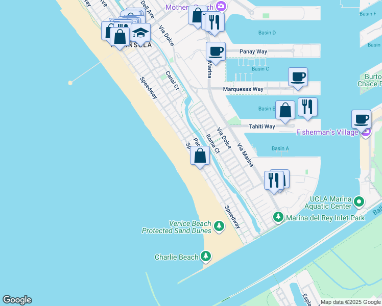 map of restaurants, bars, coffee shops, grocery stores, and more near 1 Northstar Street in Marina del Rey