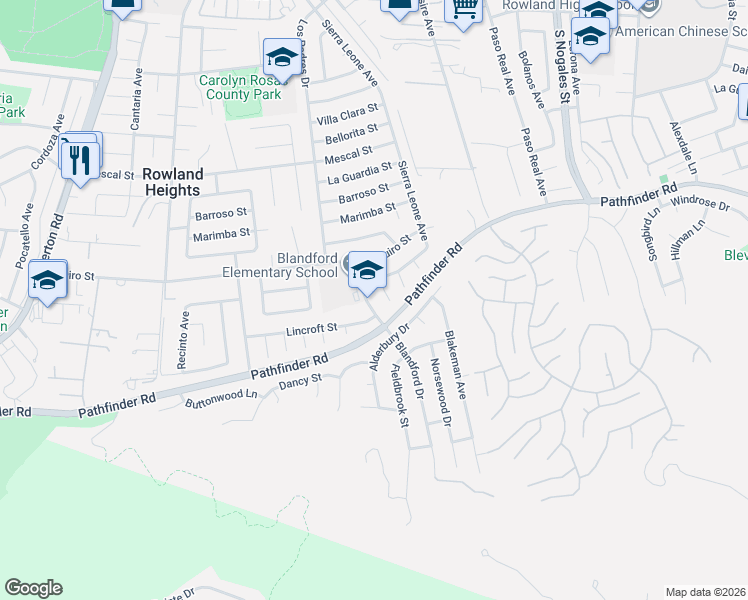 map of restaurants, bars, coffee shops, grocery stores, and more near 2618 Blandford Drive in La Puente