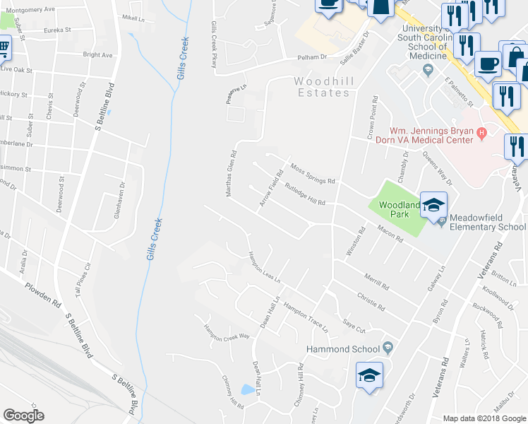 map of restaurants, bars, coffee shops, grocery stores, and more near 6101 Marthas Glen Road in Columbia