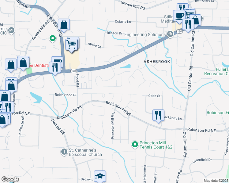 map of restaurants, bars, coffee shops, grocery stores, and more near 2587 Grist Mill Road in Marietta