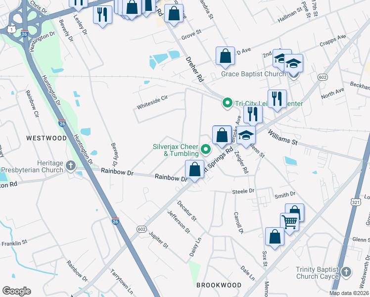 map of restaurants, bars, coffee shops, grocery stores, and more near 701 Brooks Avenue in West Columbia