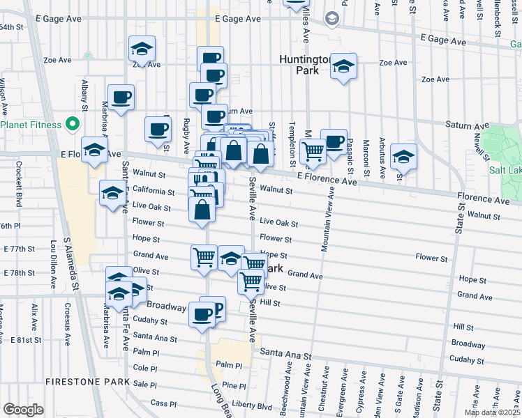 map of restaurants, bars, coffee shops, grocery stores, and more near 2712 California Street in Huntington Park