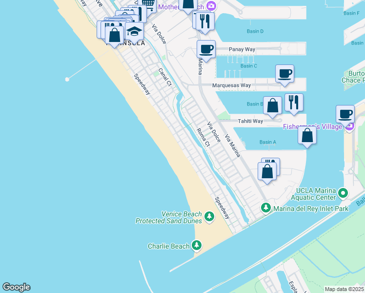 map of restaurants, bars, coffee shops, grocery stores, and more near 1 Northstar Street in Marina del Rey
