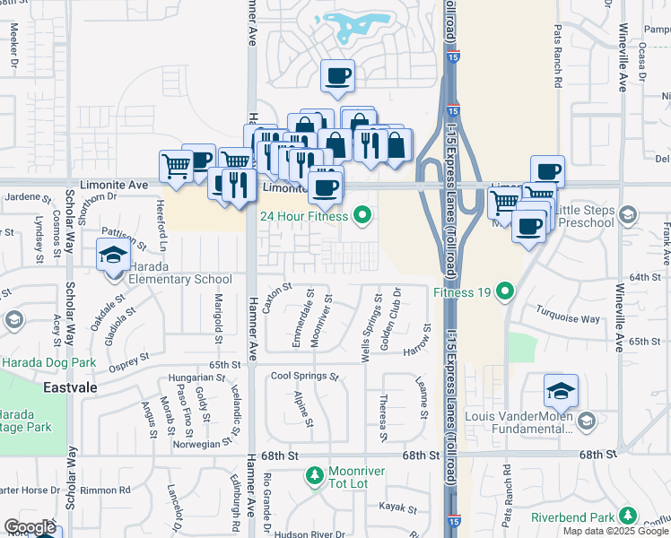 map of restaurants, bars, coffee shops, grocery stores, and more near 6388 Pictor Court in Eastvale