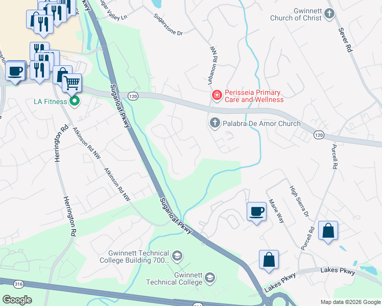 map of restaurants, bars, coffee shops, grocery stores, and more near 1571 Dehaven Ct in Lawrenceville