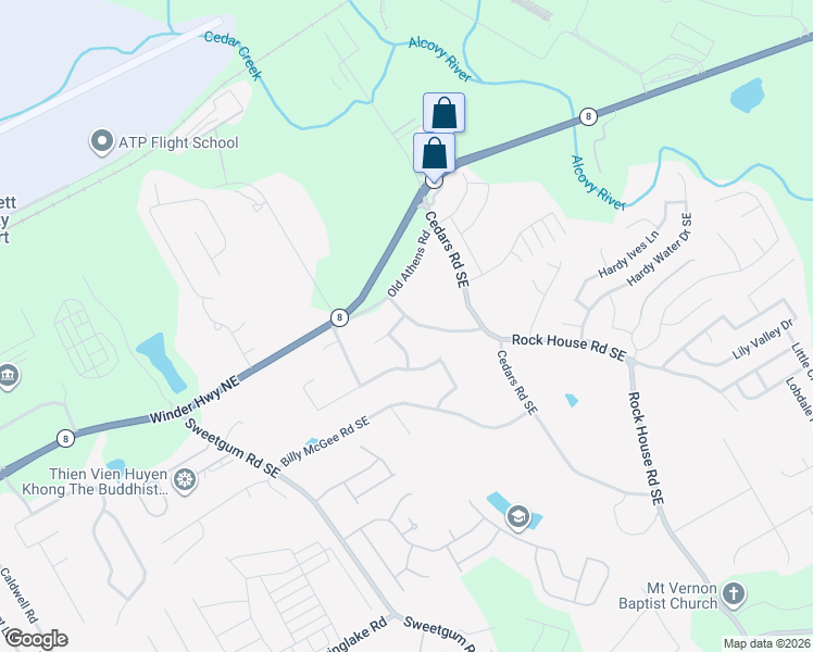 map of restaurants, bars, coffee shops, grocery stores, and more near 25 Rock House Road Southeast in Lawrenceville