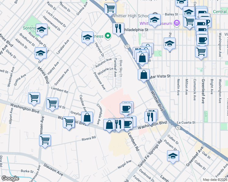 map of restaurants, bars, coffee shops, grocery stores, and more near 7612 Mariposa Avenue in Whittier