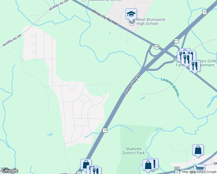map of restaurants, bars, coffee shops, grocery stores, and more near 4413 East Coast Lane in Shallotte