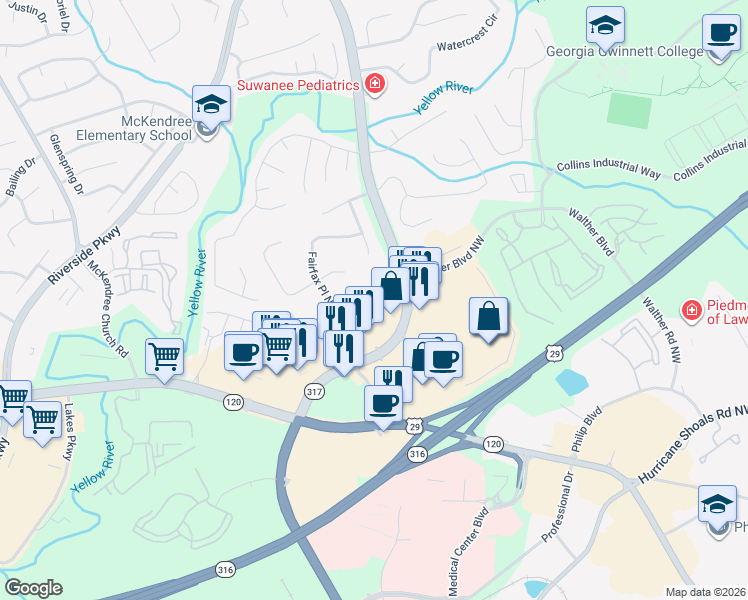 map of restaurants, bars, coffee shops, grocery stores, and more near 649 Greenvale Road Northwest in Lawrenceville