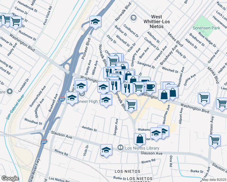 map of restaurants, bars, coffee shops, grocery stores, and more near 8017 Norwalk Boulevard in Whittier