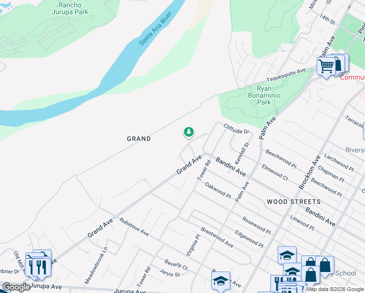 map of restaurants, bars, coffee shops, grocery stores, and more near 5457 Pinehurst Drive in Riverside