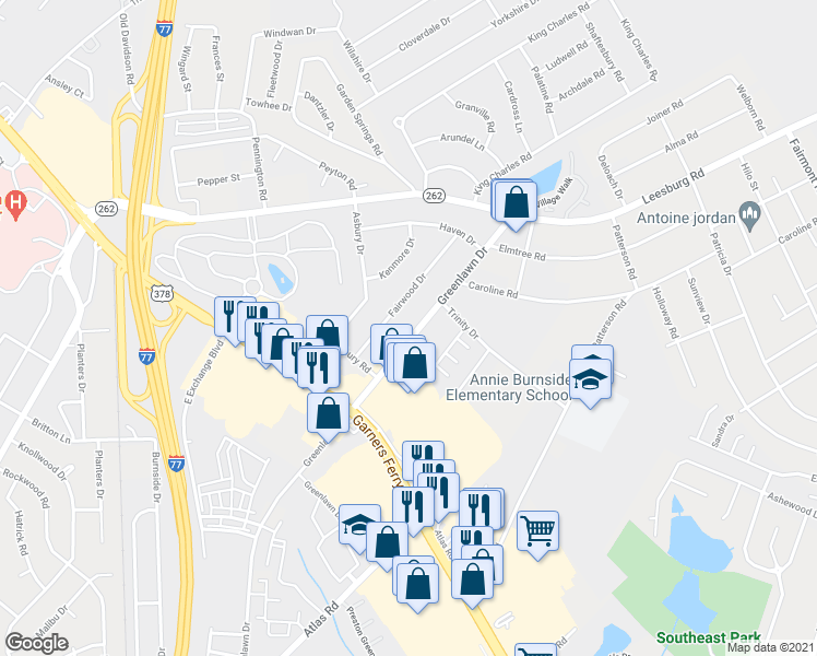 map of restaurants, bars, coffee shops, grocery stores, and more near 909 Greenlawn Drive in Columbia