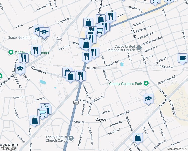 map of restaurants, bars, coffee shops, grocery stores, and more near 1524 Hopkins Street in Cayce