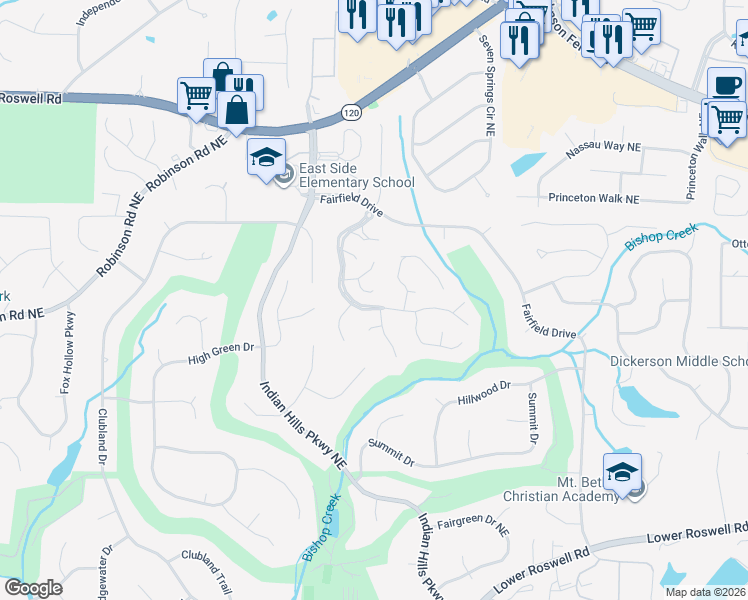 map of restaurants, bars, coffee shops, grocery stores, and more near 4132 Fawn Court Northeast in Marietta