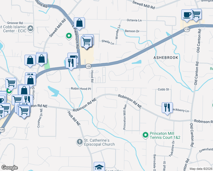 map of restaurants, bars, coffee shops, grocery stores, and more near 2587 Weddington Ridge Northeast in Marietta
