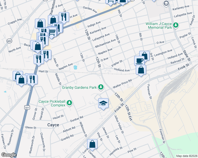 map of restaurants, bars, coffee shops, grocery stores, and more near 1750 12th Street in Cayce