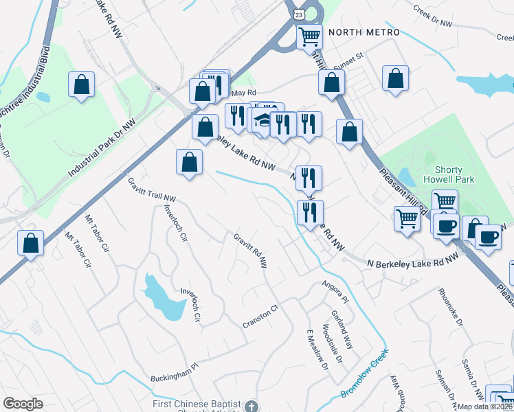 map of restaurants, bars, coffee shops, grocery stores, and more near 4080 Howell Park Road in Duluth