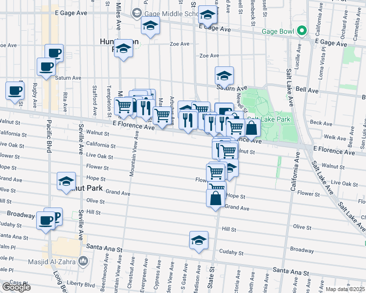map of restaurants, bars, coffee shops, grocery stores, and more near 3060 Walnut Street in Huntington Park