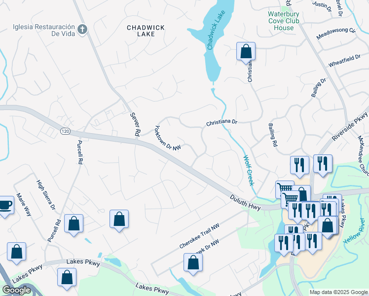 map of restaurants, bars, coffee shops, grocery stores, and more near 1354 Yorktown Drive Northwest in Lawrenceville