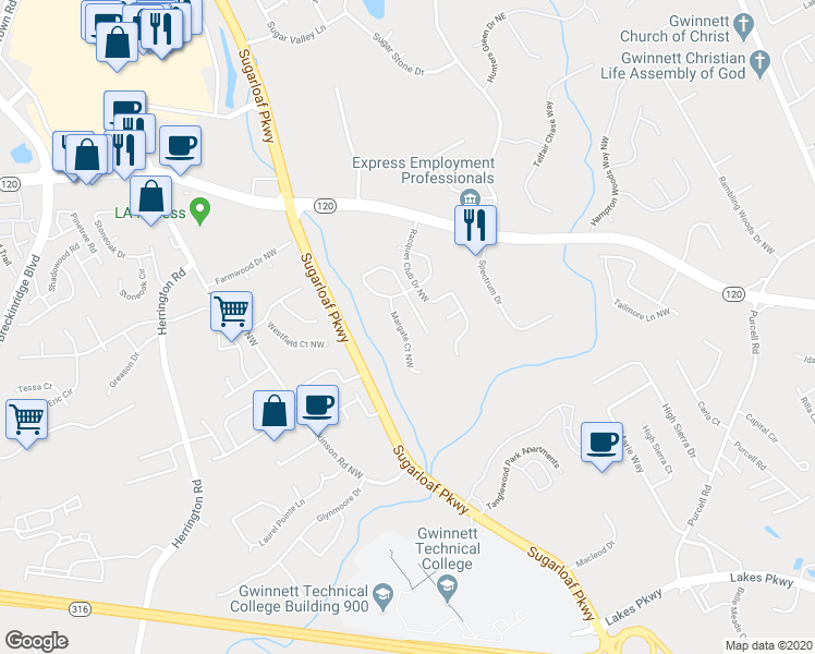 map of restaurants, bars, coffee shops, grocery stores, and more near 1575 Margate Court Northwest in Lawrenceville