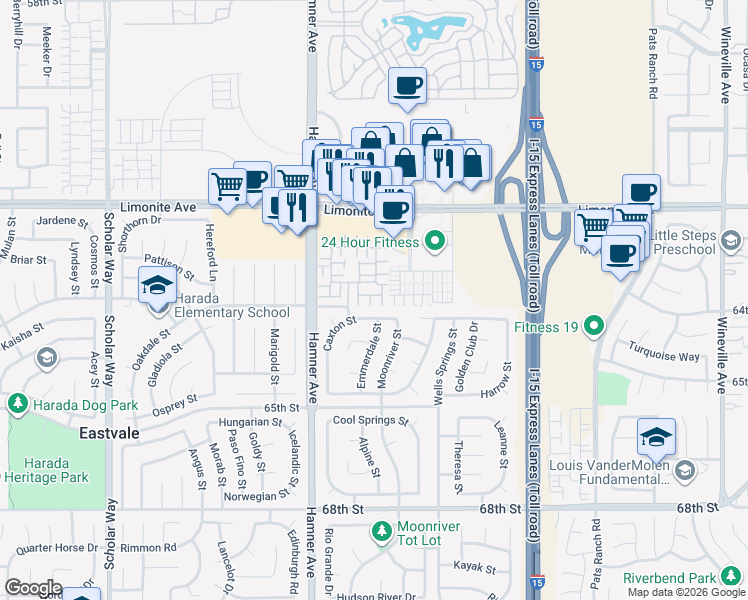 map of restaurants, bars, coffee shops, grocery stores, and more near 6386 Delgado Lane in Eastvale