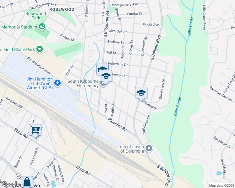 map of restaurants, bars, coffee shops, grocery stores, and more near 1430 Dahlia Road in Columbia