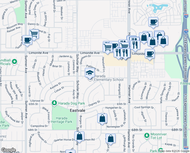 map of restaurants, bars, coffee shops, grocery stores, and more near 6381 Cattleman Drive in Corona