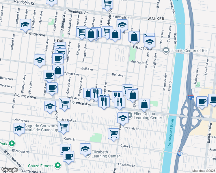 map of restaurants, bars, coffee shops, grocery stores, and more near 4832 Brompton Avenue in Bell