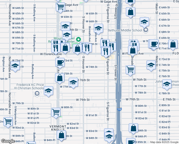 map of restaurants, bars, coffee shops, grocery stores, and more near 717 West 75th Street in Los Angeles