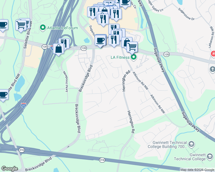 map of restaurants, bars, coffee shops, grocery stores, and more near 1805 Danielle Place in Lawrenceville