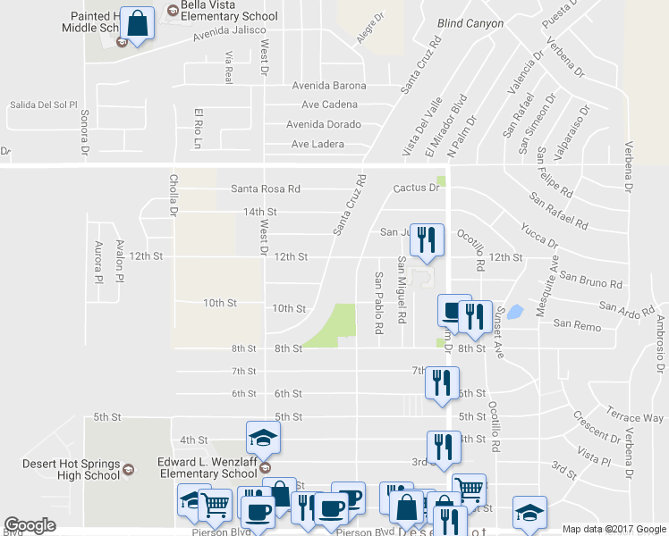 map of restaurants, bars, coffee shops, grocery stores, and more near 10528 Santa Cruz Road in Desert Hot Springs