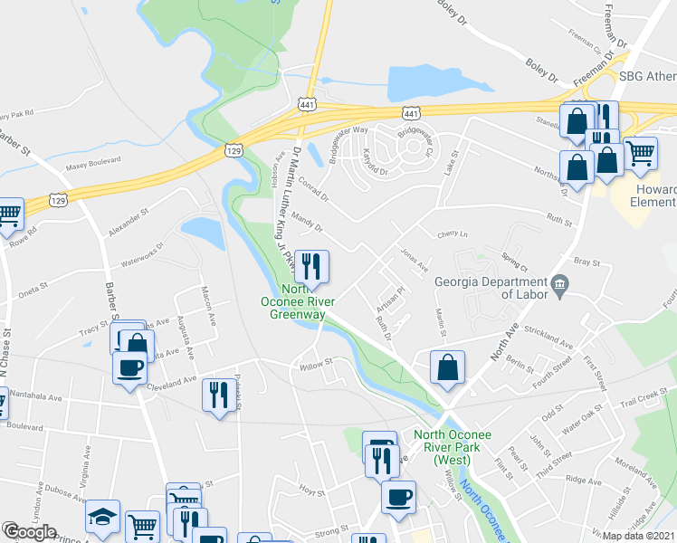 map of restaurants, bars, coffee shops, grocery stores, and more near 215 Ruth Street in Athens
