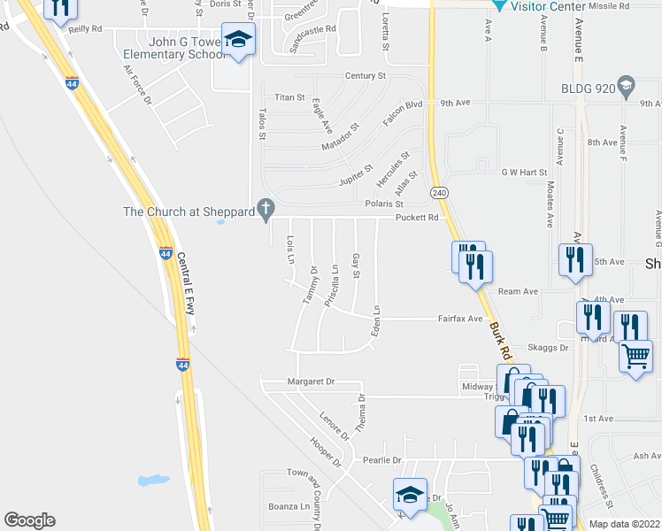 map of restaurants, bars, coffee shops, grocery stores, and more near 4712 Priscilla Lane in Wichita Falls