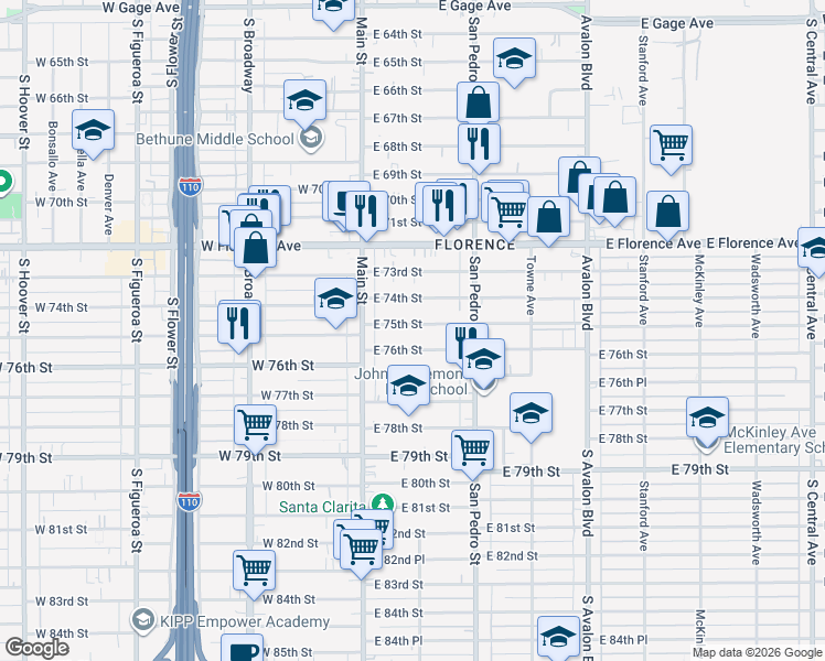 map of restaurants, bars, coffee shops, grocery stores, and more near 152 East 75th Street in Los Angeles