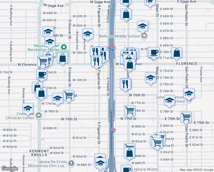 map of restaurants, bars, coffee shops, grocery stores, and more near 429 West 75th Street in Los Angeles
