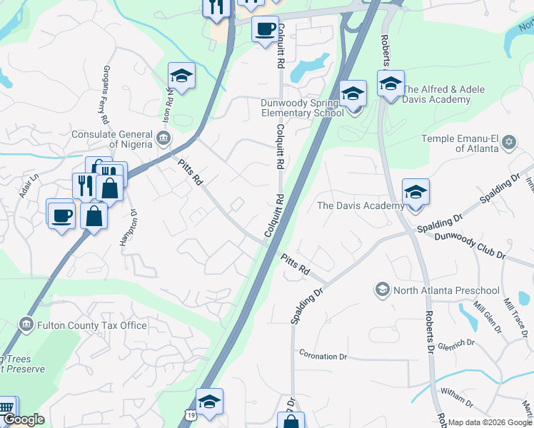 map of restaurants, bars, coffee shops, grocery stores, and more near 7930 Colquitt Road in Atlanta