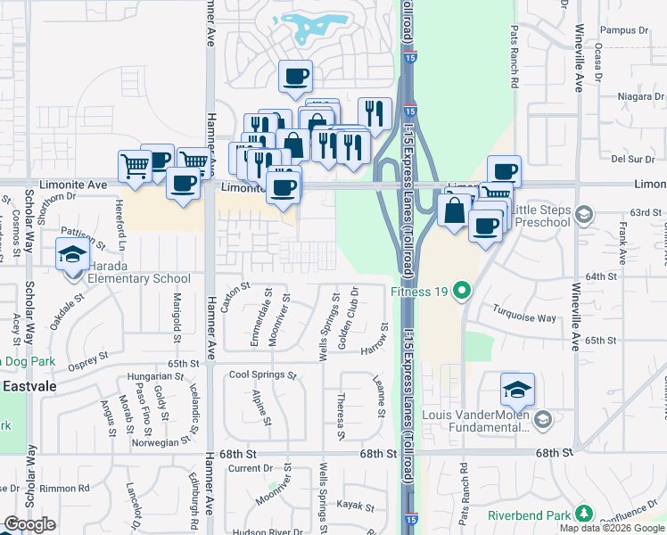 map of restaurants, bars, coffee shops, grocery stores, and more near 6388 Planetary Road in Eastvale