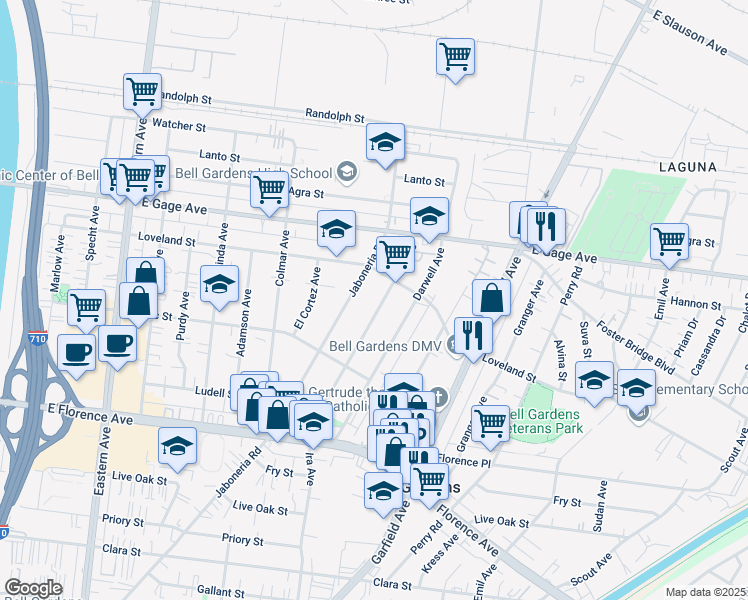 map of restaurants, bars, coffee shops, grocery stores, and more near 6533 Ira Ave in Bell Gardens